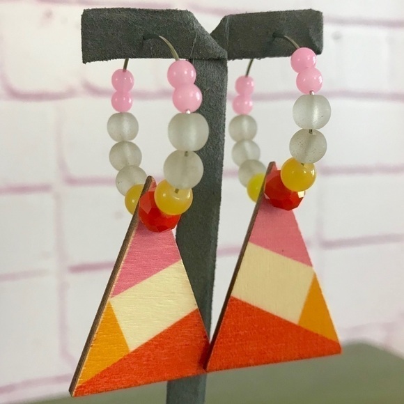Handmade Orange & Pink Wooden & Bead Hoop Earrings - Picture 1 of 2
